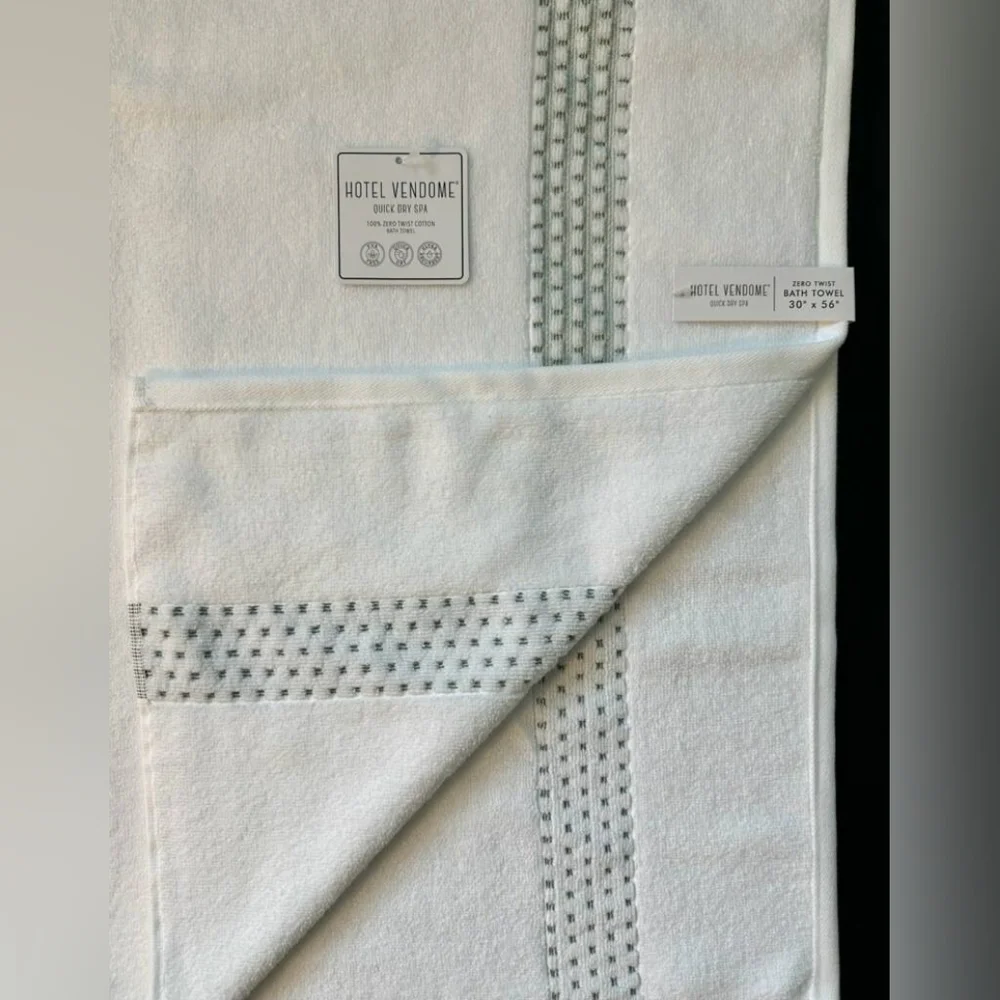 2pc HOTEL VENDOME Quick Dry Spa 100% Zero Twist Cotton Bath Towel Set -Wht/Green